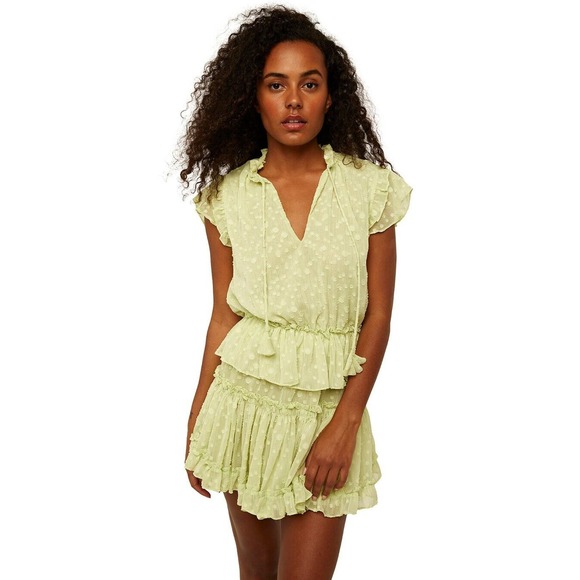 Misa Lilian Tiered Honeydew Ruffle V-Neck Clip Dot Mini Dress Size XS  coquette - Picture 1 of 15